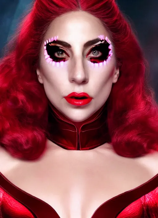 Image similar to screen of lady gaga as the scarlet witch in wandavision, High resolution. Highly detailed. Dramatic. 8k.4k.