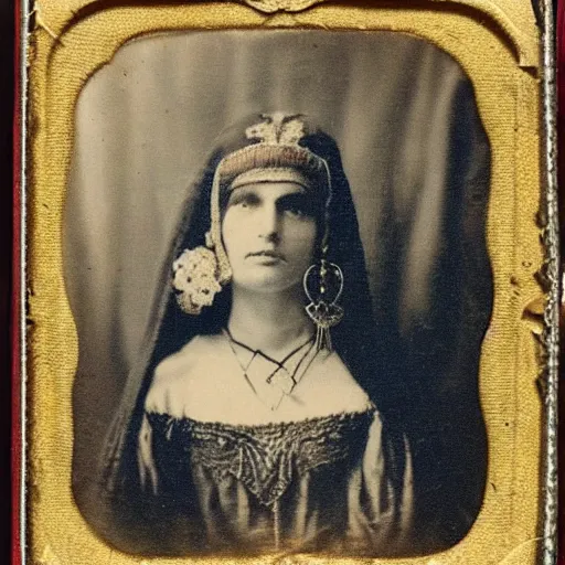 Image similar to daguerreotype ambrotype of an ative american high extremely beautiful priestess very intricate, highly detailed