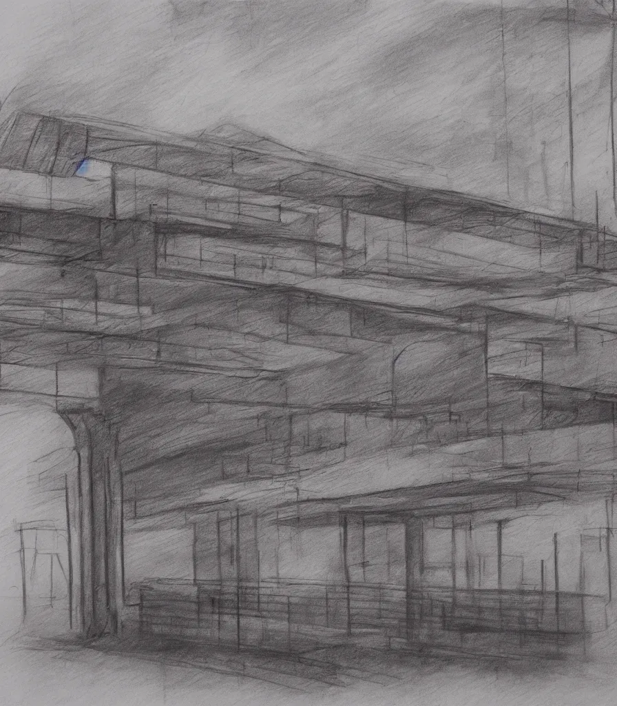 Prompt: charcoal sketch matte painting urban decay bus station