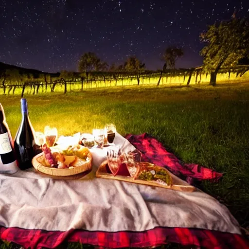 Image similar to romantic picnic with wine bottles under the stars