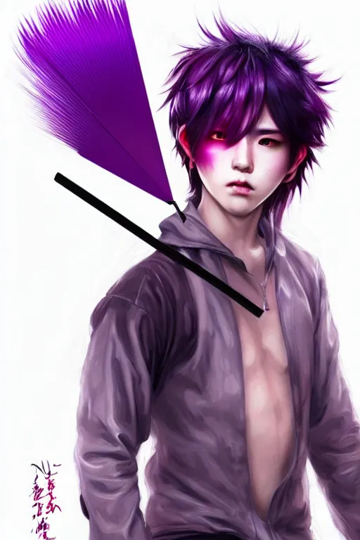 Image similar to gorgeous!!! hyper - realistic teenager boy with purple hair, purple eyes with red eye markets, wearing combat japanese clothes, holding a fan | drawn by wlop, drawn by jeehyung lee, drawn by artgerm | intricate, highly detailed, digital painting, character design, concept art, illustration, artstation