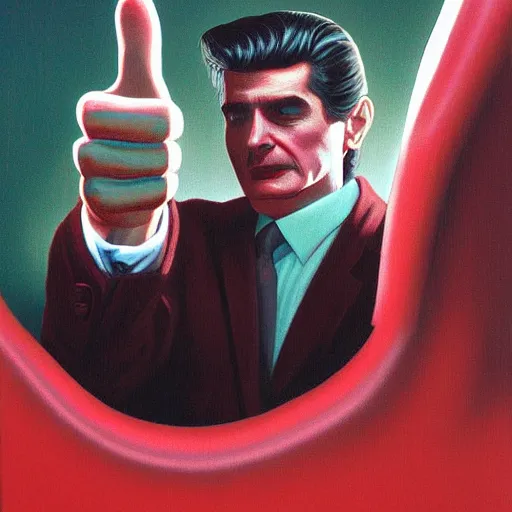 Prompt: Twin Peaks poster artwork by Michael Whelan, Rendering of Dale Cooper giving thumbs up.