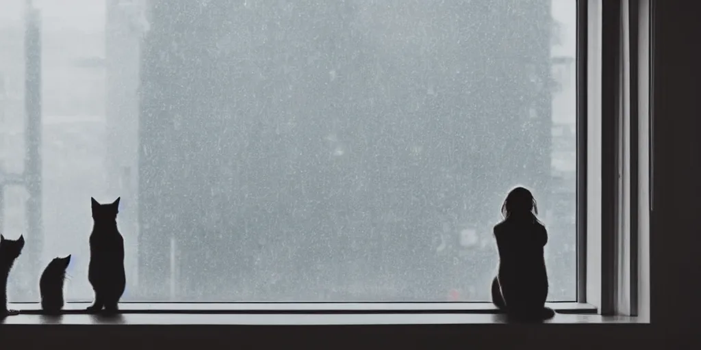 Image similar to silhouette of a girl and her cat, looking out a window on a rainy day, inside a cozy apartment, with a city view. atmospheric, moody, cozy, rainy day, backlit,