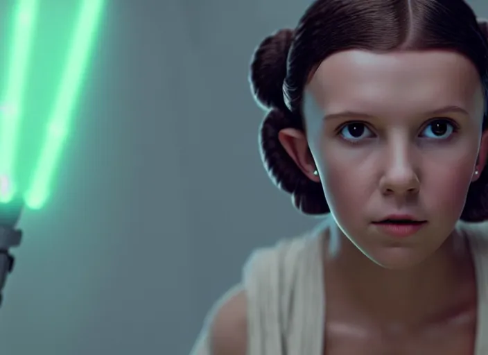 Prompt: film still of!!!! millie bobby brown!!! as princess leia in star wars movie, long braided hair pulled back, closeup portrait, wearing long white robe, deep focus, talking to yoda on dagobah, glamour pose, dramatic lighting, octane, mist, volumetric lighting, 8 k