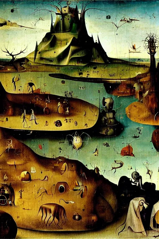 Image similar to a beautiful landscape with weird creatures by hieronymus bosch and dali