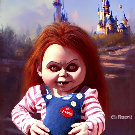 Prompt: chris patt holding the doll chucky, disney land as backdrop, oil painting, by greg rutkowski