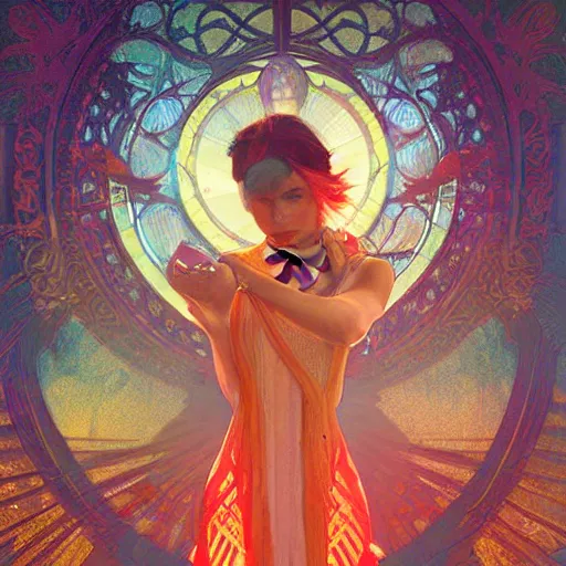 Image similar to the beautiful solarpunk phoenix, aesthetic red bird, volumetric light, bokeh, painting by greg rutkowski by alphonse mucha