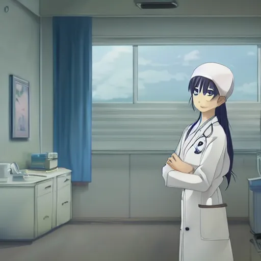 Image similar to a cute young lady, a doctor wearing white coat in hospital ward, slice of life anime, anime scenery by Makoto shinkai