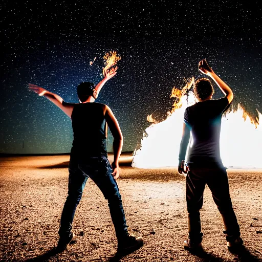 Image similar to photograph of three ravers photographed from behind, talking around a fire, photorealistic, dancefloor kismet, diverse costumes, clean composition, desert transition area, bonfire, night, australian desert, xf iq 4, symmetry, sony a 7 r, 1 5 0 mp, 5 0 mm