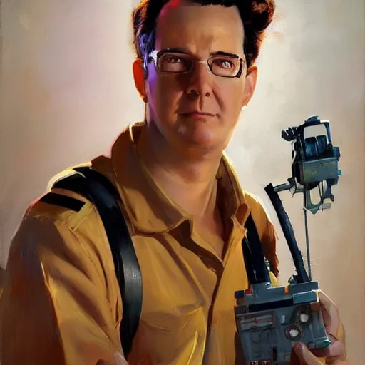 Image similar to greg manchess portrait painting of ghostbuster peter venkman overwatch character, medium shot, asymmetrical, profile picture, organic painting, sunny day, matte painting, bold shapes, hard edges, street art, trending on artstation, by huang guangjian and gil elvgren and sachin teng