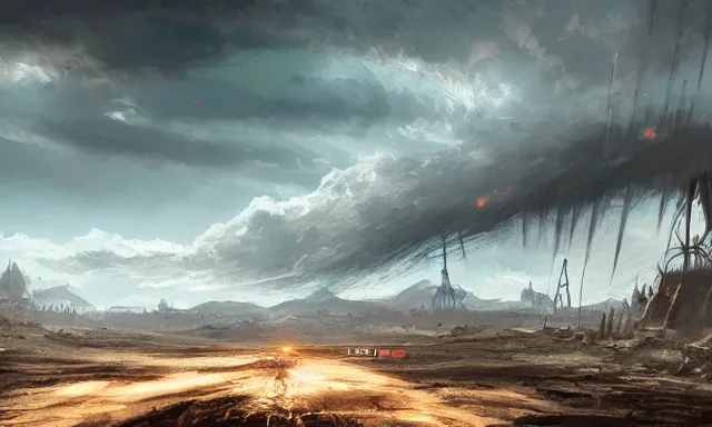 Image similar to post apocalyptic landscape, there is a nuclear explosion in the background, few sun rays, wallpaper, artstation, digital painting, hd, high detailed