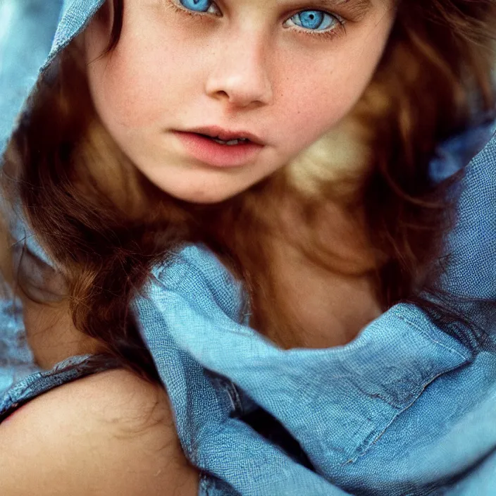 Image similar to Kodak Portra 400, 8K, highly detailed, dramatic photographic Close-up face of a extremely beautiful girl with clear blue eyes and brown hair , high light on the left, rim light, non-illuminated backdrop, illuminated by a dramatic light, Low key lighting, light dark, High constrast, dramatic , Steve Mccurry, Lee Jeffries , Norman Rockwell, Craig Mulins ,dark background, high quality, photo-realistic.