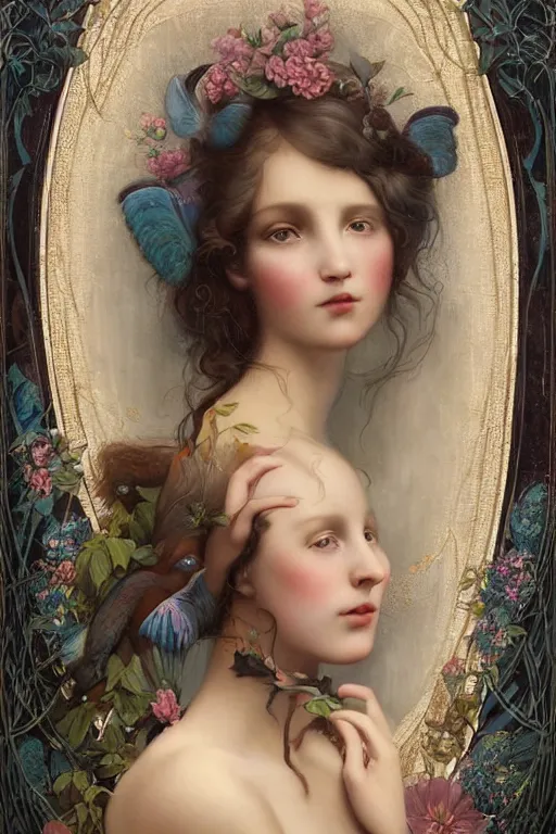 Image similar to An extremely beautiful young girl explaining the birds and the bees by Tom Bagshaw in the style of a modern Gaston Bussière, art nouveau, art deco, surrealism. Extremely lush detail. Melancholic night scene. Perfect composition and lighting. Profoundly surreal. High-contrast lush surrealistic photorealism. Sultry and mischievous expression on her face.