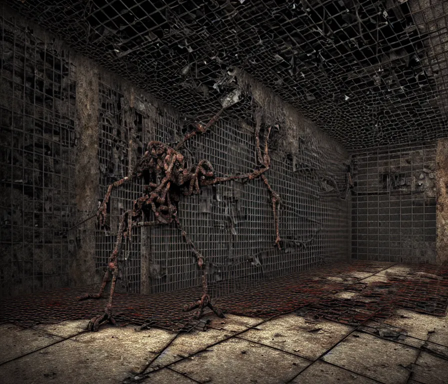 Prompt: An underground very dark gloomy multi-layered structure of rusty thick iron grates, dense chain-link fencing and peeling walls. A humanoid with long limbs sits on the floor. Inside view, collapsed floors, bent rusted iron, masterpiece, black background, corners, cinematic, hyperdetailed, photorealistic, hyperrealism, octane render, 8k, depth of field, bokeh, architecture, shadows, art by Zdzisław Beksiński, Arthur Rackham, Dariusz Zawadzki