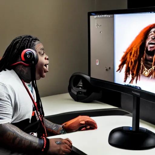 Image similar to obese Lil Wayne wearing a headset yelling at his monitor while playing WoW highly detailed wide angle lens 10:9 aspect ration award winning photography erasure head