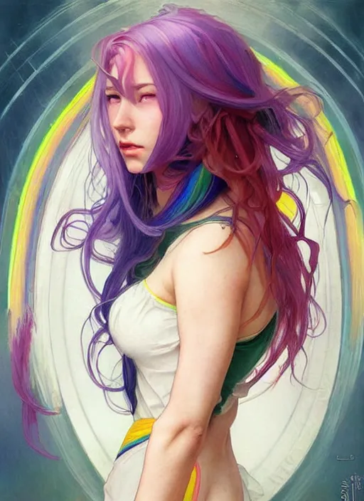 Image similar to a young woman with beautiful rainbow hair. she looks very angry. beautiful painting by artgerm and greg rutkowski and alphonse mucha lois van baarle