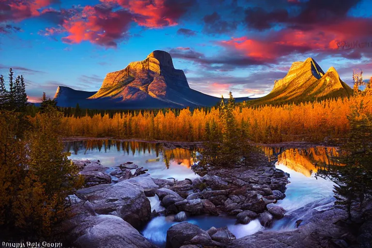 Prompt: an epic landscape painting of rundle mountain in alberta canada, at sunset in autumn, with a small river in the foreground, painted by andreas rocha, atmospheric, volumetric lighting, vibrant colors, rays of light, breathtaking, highly detailed