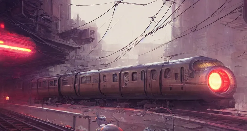 Prompt: a highly detailed epic cinematic concept art CG render digital painting artwork scene: retrofuturistic 1920s cyberpunk steampunk bullet train emitting smoke. By Greg Rutkowski, Ilya Kuvshinov, WLOP, Stanley Artgerm Lau, Ruan Jia and Fenghua Zhong, trending on ArtStation, made in Maya, Blender and Photoshop, octane render, excellent composition, cinematic dystopian brutalist atmosphere, dynamic dramatic cinematic lighting, aesthetic, very inspirational, arthouse