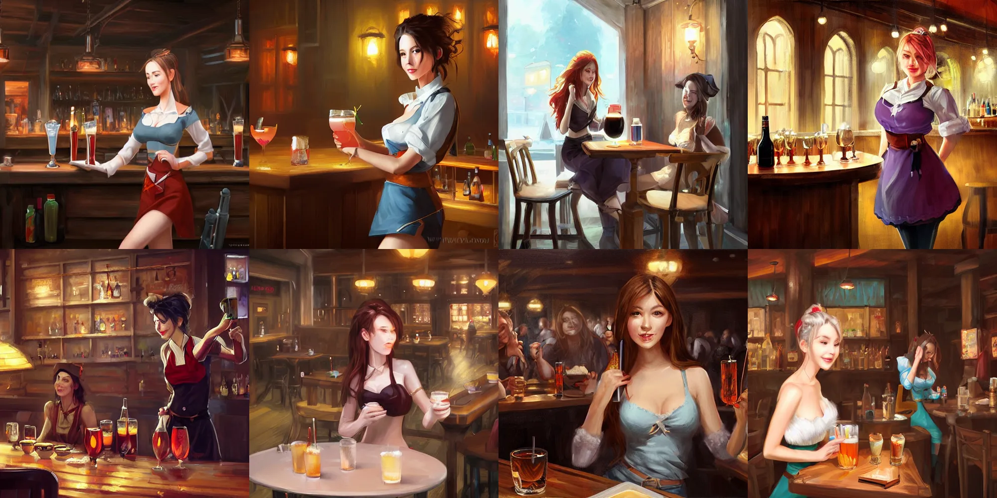 Prompt: A waitress in a fantasy tavern serves drinks to customers, digital painting by WLOP.