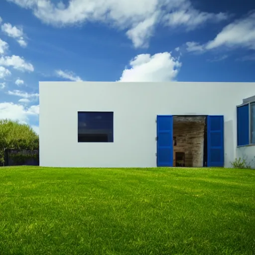 Prompt: house futurist, green yard, deep, blue sky with few white cloud, focus on the house