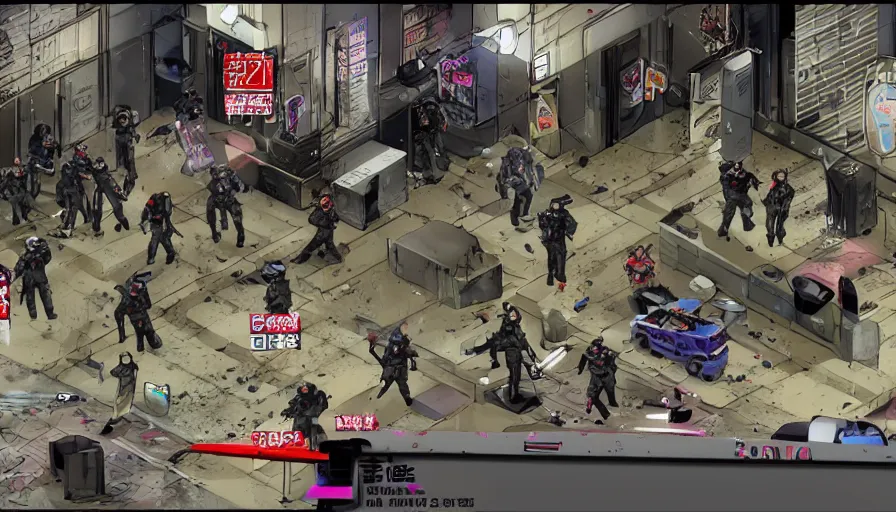 Image similar to 1994 Video Game Screenshot, Anime Neo-tokyo Cyborg bank robbers vs police, Set inside of the Bank Lobby, Multiplayer set-piece in bank lobby, Tactical Squad :9, Police officers under heavy fire, Police Calling for back up, Bullet Holes and Realistic Blood Splatter, :6 Gas Grenades, Riot Shields, Large Caliber Sniper Fire, Chaos, Anime Cyberpunk, Ghost in The shell Bullet VFX, Machine Gun Fire, Violent Gun Action, Shootout, :7 Inspired by Escape From Tarkov + Intruder + Akira + Guilty Gear Xrd :9 by Katsuhiro Otomo: 19