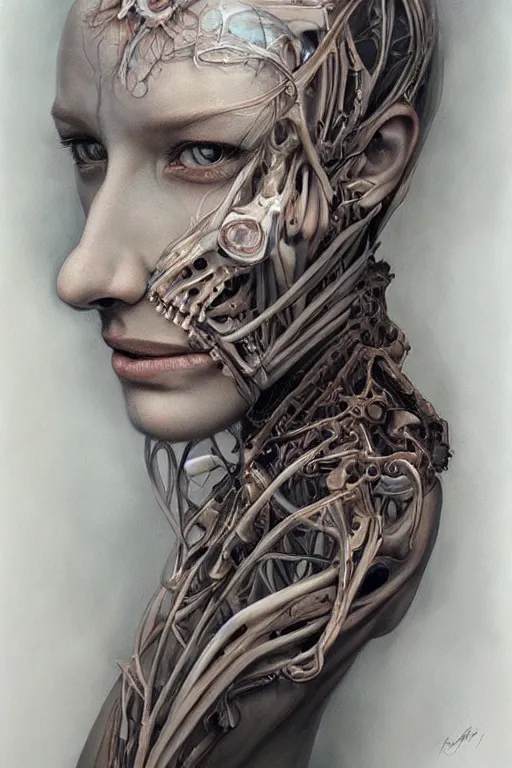 Image similar to beautiful painting portrait of biomechanical being by marco mazzoni, detailed, realistic skin color