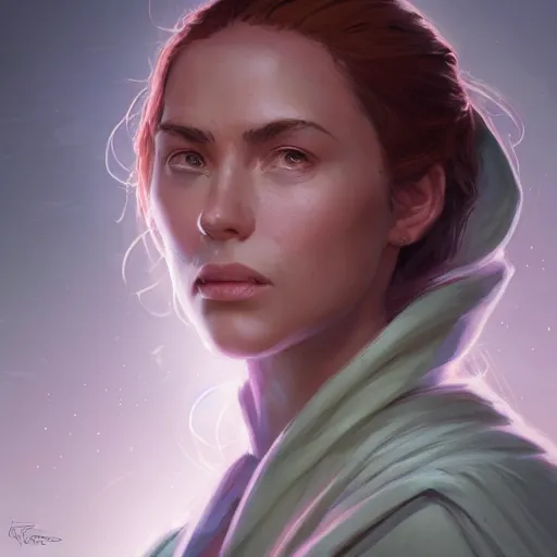 Image similar to portrait of a woman by greg rutkowski, jedi knight jade skywalker, wavy copper hair, jedi robes, star wars expanded universe, she is about 2 0 years old, wearing jedi robes, highly detailed portrait, digital painting, artstation, concept art, smooth, sharp foccus ilustration, artstation hq