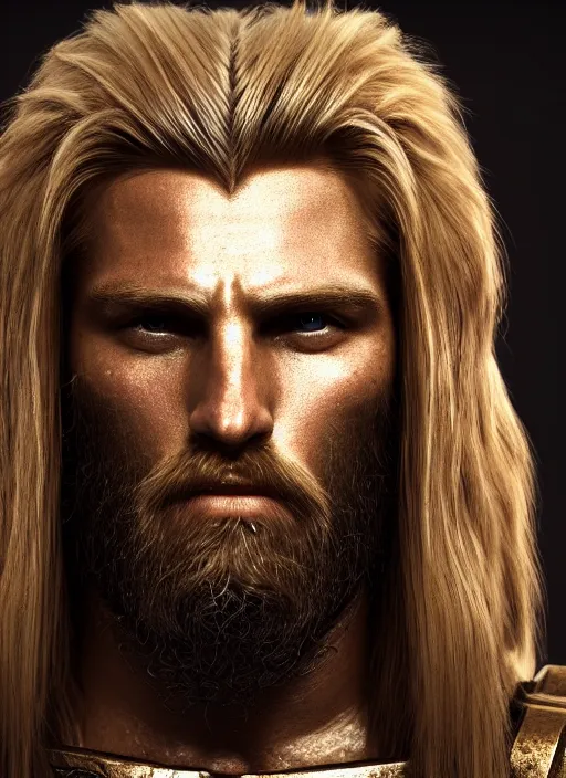 Prompt: portrait of a spartan hoplite hero, long blond hair and beard, perfect facial symmetry + dim volumetric lighting, 8k octane beautifully detailed render, post-processing, extremely hyperdetailed, intricate, epic composition, grim yet sparkling atmosphere, cinematic lighting + masterpiece, trending on artstation
