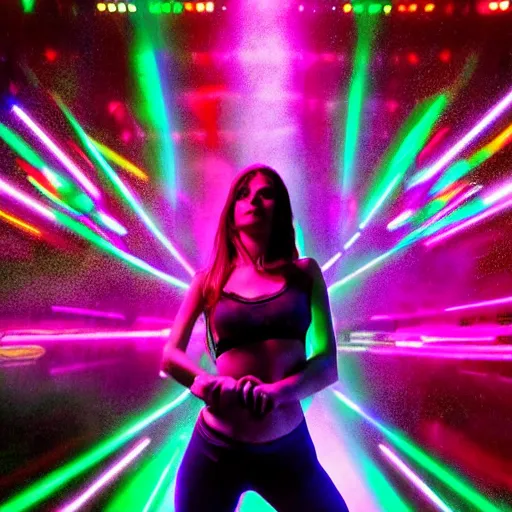 Image similar to full body pose, hyperrealistic photograph of a beautiful rave girl, glowsticks, dim volumetric lighting, 8 k, octane beautifully detailed render, extremely hyper detailed, intricate, epic composition, cinematic lighting, masterpiece, trending on artstation, very very detailed, stunning, hdr, smooth, sharp focus, high resolution, award, winning photo, dslr, 5 0 mm