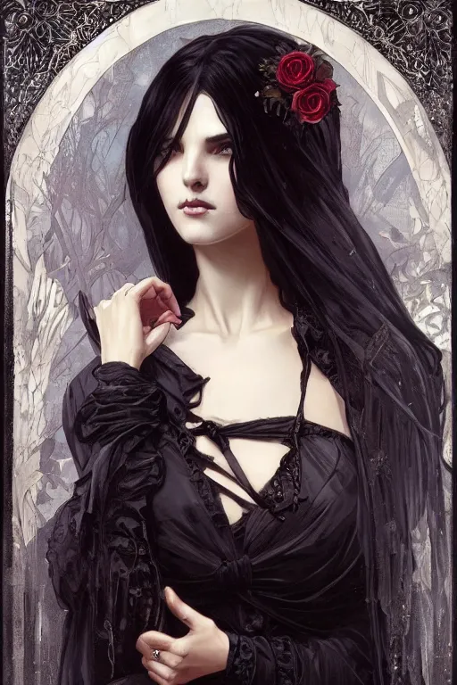 Image similar to beautiful gothic female with black roses surrounding her, Black Hair, intricate, elegant, highly detailed, digital painting, artstation, concept art, smooth, sharp, focus, illustration, art by artgerm and greg rutkowski and alphonse mucha