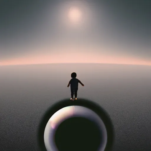 Image similar to a tiny person standing on a black surface looking at a huge eye at the horizon