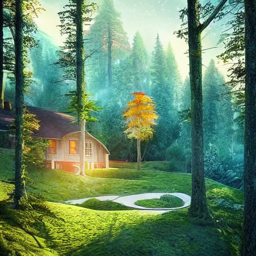 Image similar to beautiful landscape, home on the top of a hill surrounded by trees, natural lighting, 35mm photography, artgerm, cgsociety, warm lighting