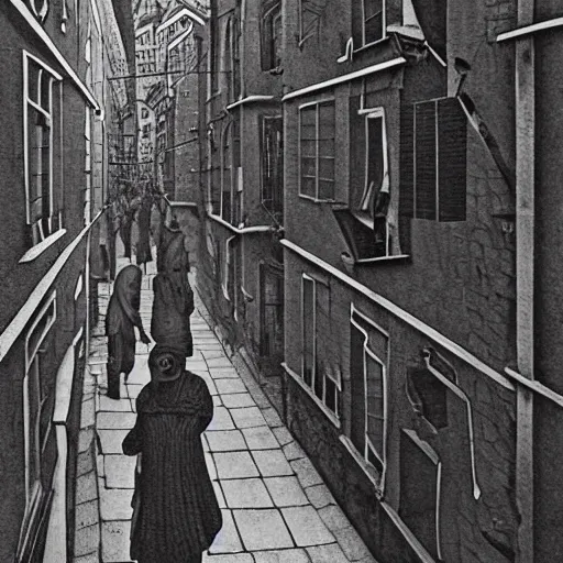 Image similar to men and women captured by evil walking the streets. footage of terrifying disfigured people roaming dark streets, very gory hyperrealistic vivid horror. photographed by m. c. escher in full colour hd hdlr