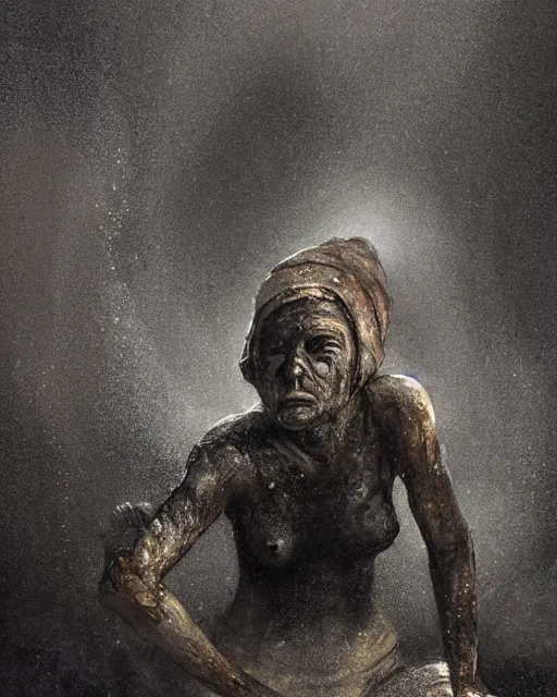 Prompt: a coalminer woman covered in coal dust in a mine lit by kerosene lamps, sweaty and gross pioneer work, atmospheric lighting, detailed body and face, by makoto shinkai, stanley artgerm lau, wlop, rossdraws