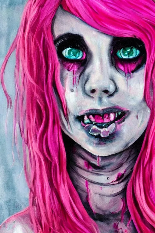 Prompt: painting horror girl pink hair tears from the eyes, alone in the room