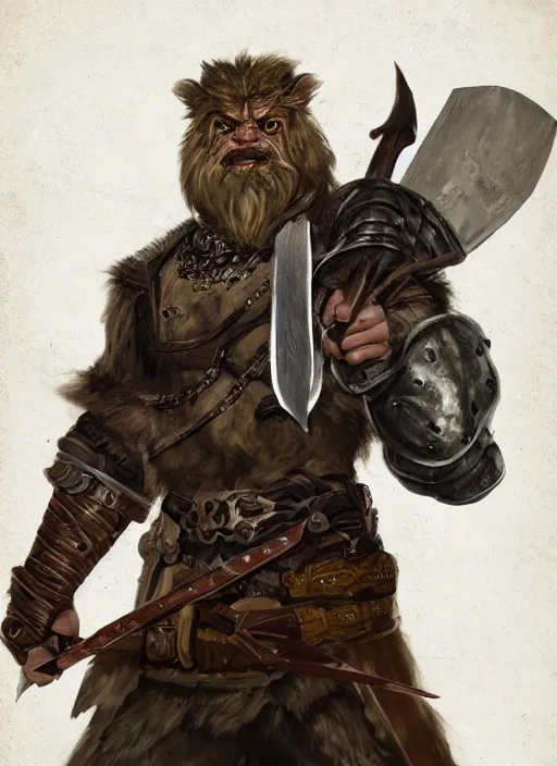 Image similar to strong young man, photorealistic bugbear ranger holding aflaming sword, black beard, dungeons and dragons, pathfinder, roleplaying game art, hunters gear, jeweled ornate leather and steel armour, concept art, character design on white background, by alan lee, norman rockwell, makoto shinkai, kim jung giu, poster art, game art