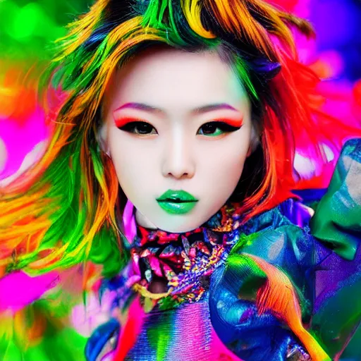 Image similar to japanese model with maximalist hair style and makeup, bright colors, fashion model, portrait shot, gliter, depth of field, 8 k, hyper detailed, intricate, trending on artstation