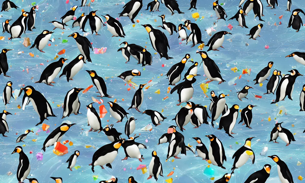 Prompt: busy penguins ripping space, rocks and scissors and interconnected high speed rails, digital art, 3 d illustration, transparent backround