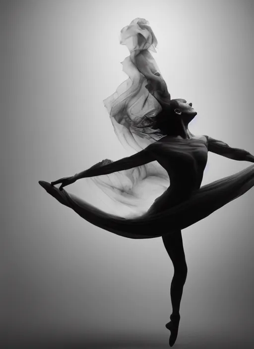 Image similar to a Photorealistic dramatic hyperrealistic render of a beautiful Female smoke dancer by Ken Brower and Deborah Ory of NYC Dance project,Lois Greenfield,Flowing cloth and smoke,Beautiful dynamic dramatic dark moody lighting,volumetric,shadows,cinematic atmosphere,Octane render,8K