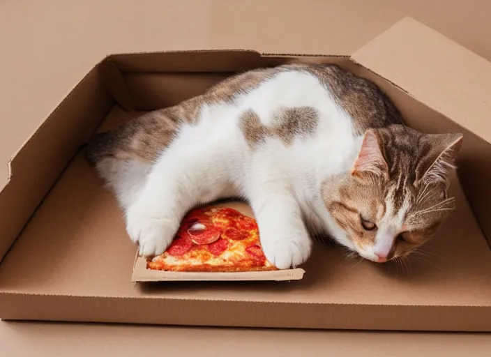 Prompt: photo of a very fat cat chewing pizza inside a cardboard box. nikon d 8 5 0 5 5 mm.