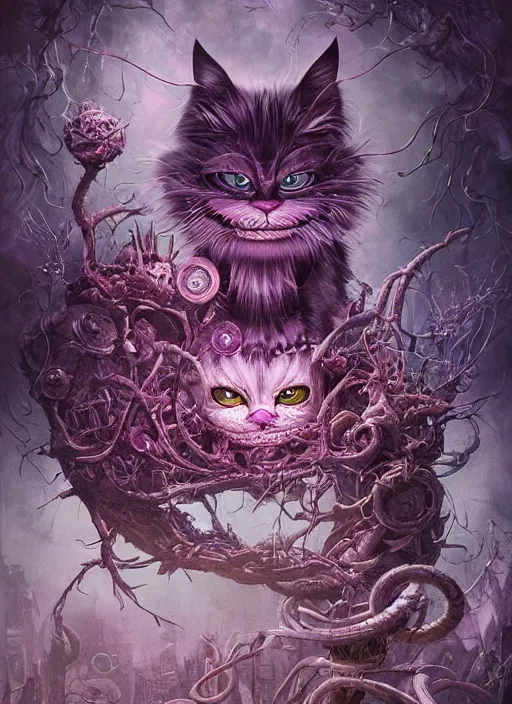 Prompt: cheshire cat, biopunk style, highly detailed, cinematic, 8 k, by megan duncanson, benjamin lacombe, adrian borda, stanley artgermm, tom bagshaw, craig mullins, carne griffiths, ayami kojima, beksinski, giger, trending on deviantart, hyper detailed, horror, full of colour