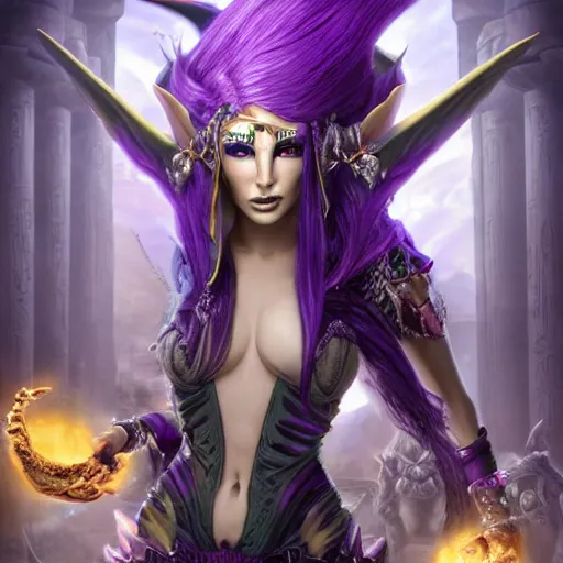 Image similar to 8k unreal engine render by Anne Stokes of a half-elf sorceress with purple hair from dungeons and dragons, beautiful, symmetrical face, wearing a tutu, a poison spell forms in her hand, in a crowded ancient Egyptian city, insanely detailed, depth of field unreal engine ultra-wide angle lens, volumetric lighting, vivid color