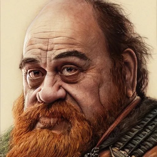 Prompt: portrait of danny devito as gimli, by alan lee, lord of the rings calendar, smooth, detailed terrain, oil painting, matte painting, concept art, trending on artstation, promotional artwork, film still, elegant, photorealistic facial features, intricate, detailed face, cinematic lighting