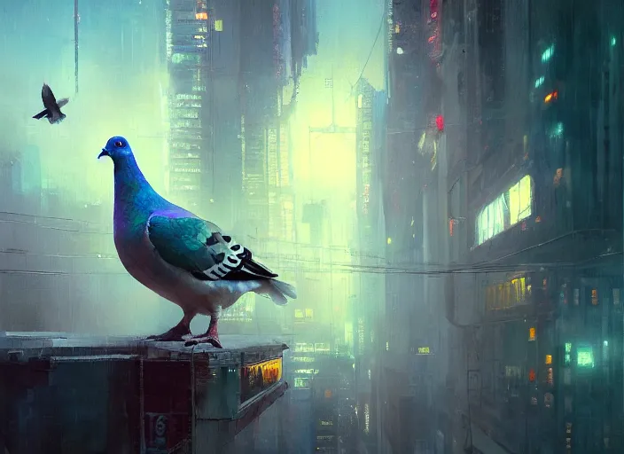 Image similar to A pigeon, oil painting, cyberpunk, 4k, soft lighting, in the style of Jeremy Mann and Marc Simonetti, magical realism