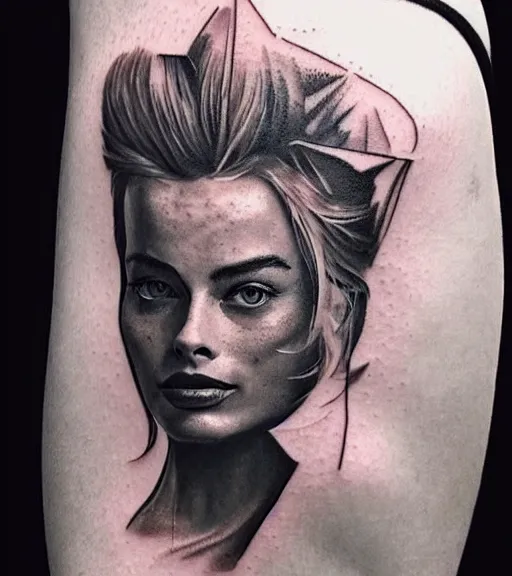 Prompt: mash up tattoo sketch of margot robbie in the shape of beautiful mountains, double exposure effect, in the style of arlo dicristina, hyper realism, amazing detail, sharp