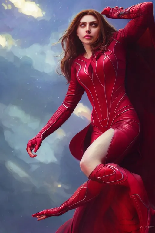 Image similar to Karan Johar as Scarlet Witch, Scarlet Witch costume, villany, portrait, masculine figure, highly detailed, digital painting, artstation, concept art, smooth, sharp focus, illustration, cinematic lighting, art by artgerm and greg rutkowski and alphonse mucha