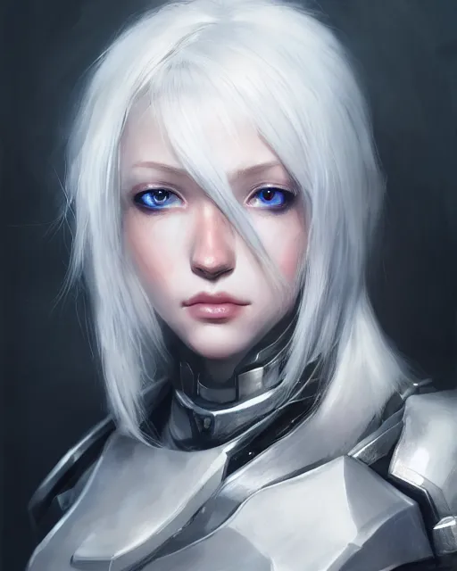 Image similar to perfect white haired girl, warframe armor, beautiful, dreamy, portrait, highly detailed, digital painting, trending on artstation, concept art, sharp focus, illustration, pretty face, blue eyes, scifi platform, front lit, laboratory, experiment, masterpiece, art by masayoshi tanaka, akihiko yoshida, kazuya takahashi