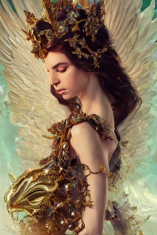 Prompt: expressive full body photo of sophia lauren as beautiful angel, smooth glowing skin, ornate headpiece made from flowers, glamour shot, by karol bak, by greg rutkowski, by artgerm, octane render, unreal engine, photorealistic, canon r 3, fashion photography
