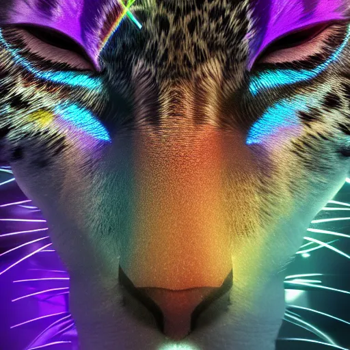 Image similar to face of multifaceted swarovski panther render, rainbow refraction, polished, highly reflective, porcelain, opal, quartz, diamond volumetric lighting, octane render, 8 k, photorealistic, ultra realistic