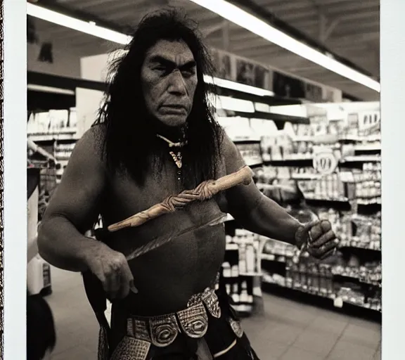 Image similar to low angle photography, maori warrior in a grocery store, deep focus, elegant, highly detailed, polaroid 6 0 0, matte, sharp focus, art by nan goldin, cinematographyby jom jarmusch